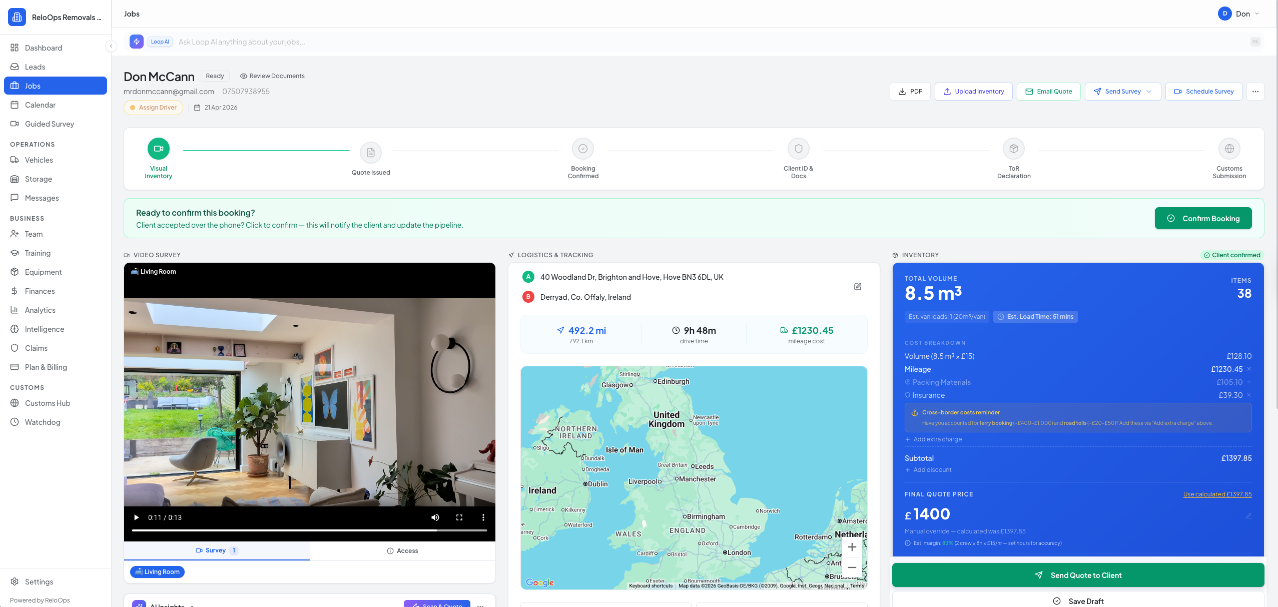 ReloOps mover dashboard showing job detail with video survey, route map, inventory and pricing